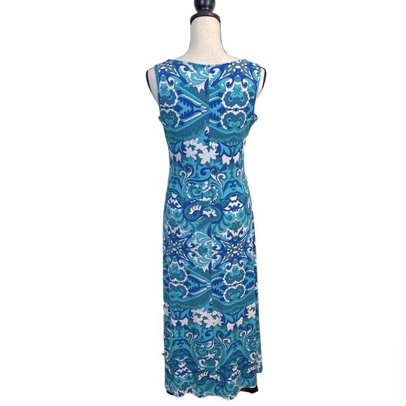 aDressing Woman Blue Aqua Scroll Swirl Keyhole Maxi Dress Size Medium - Picture 2 of 7